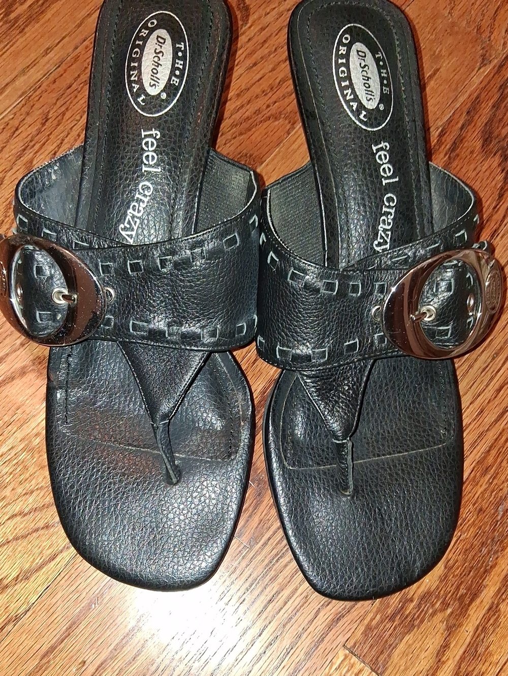 Dr. Scholl's Black Leather Thong Sandals with Silver Buckle
